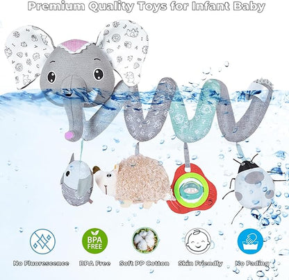 Baby Car Seat Toys, Hanging Stroller Toys for Baby 0-6 Months Infants Activity Spiral Toys with Musical Owl Rattles Hedgehog Beep Ladybug Squeaker - Gray Elephant Toys for Newborn Baby 0 3 6 12 Months