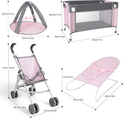 deAO Baby Doll Stroller Crib Bed Nursery Role Play Set Baby Doll with Accessories and Play Mat,Travel Cot