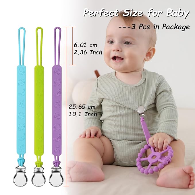 Silicone Pacifier Clip, Seposeve Pack of 3 Baby Pacifier Teether Clip with 4 Texture