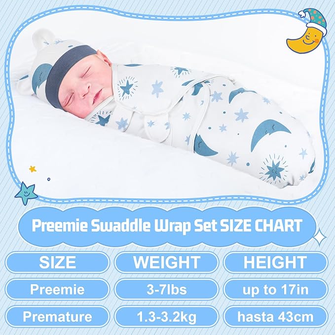 Buryeah 4 Pack Preemie Swaddle Blanket Wrap Set with Hat for Baby Boys Girls 3-7 Lbs Preemie Newborn Clothes Sleepers Cap