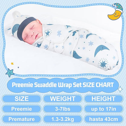 Buryeah 4 Pack Preemie Swaddle Blanket Wrap Set with Hat for Baby Boys Girls 3-7 Lbs Preemie Newborn Clothes Sleepers Cap