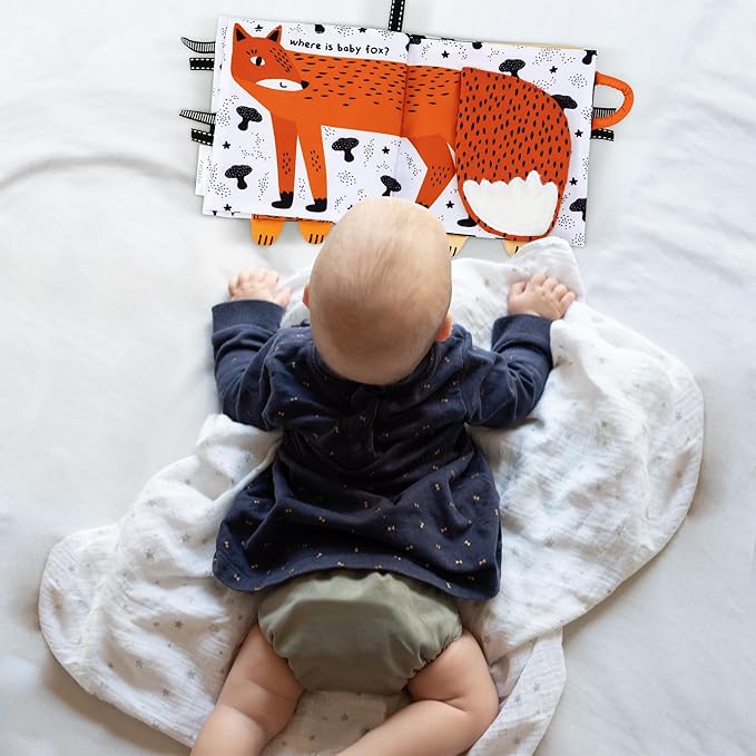 Soft Baby Book with Touch and Feel Pages - Cute Tummy Time Book for Babies 0-6 Months with Mirror & Crinkle Paper