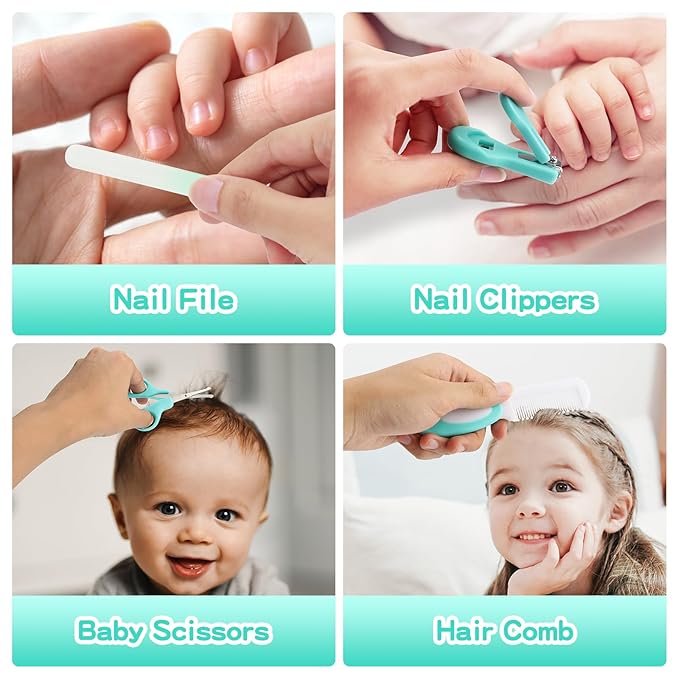 Baby Healthcare and Grooming Kit, 21 in 1 Portable Baby Essentials Kit with Gas Relief Hair Brush Comb Nasal Aspirator for Newborn Boys Girls (21 Kits-Green)