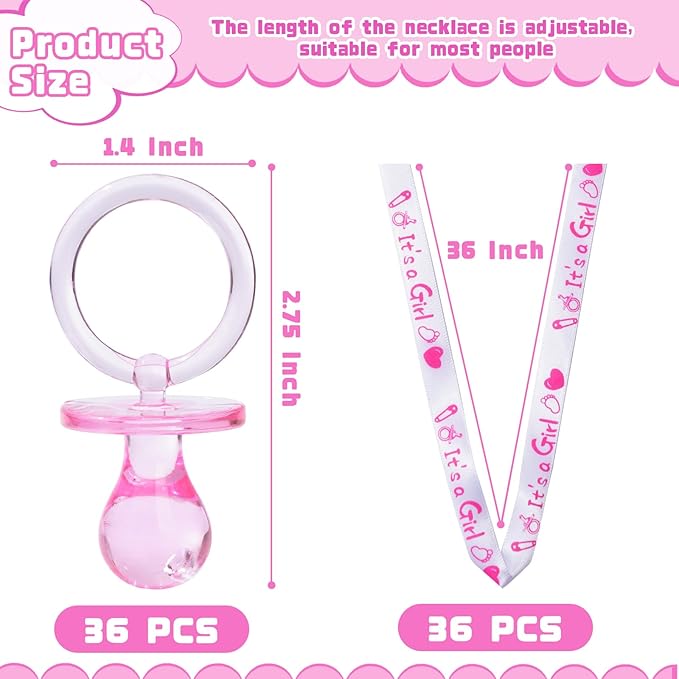 36 Baby Shower Pacifiers Necklace, Acrylic Pacifier Necklace