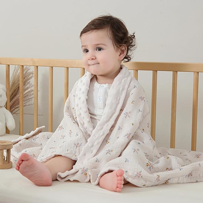 DaysU Baby Blankets for Girls with Muslin Cotton Front and Dotted Fleece Back, Silky Micro Super Soft Plush Newborn Baby Blankets Unisex 30x40 inches