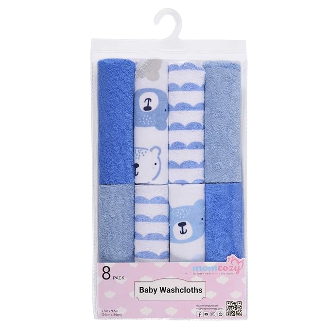 Baby Washcloths, Momcozy Ultra Soft Absorbent Towel 8pcs Newborn 10"x10" (Blue)