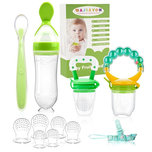 WAJIAYON Baby Fruit Feeder Pacifier - 12 Pack | 2 Baby Fruit Food Feeder Pacifier & 1 Baby Food Dispensing Spoon