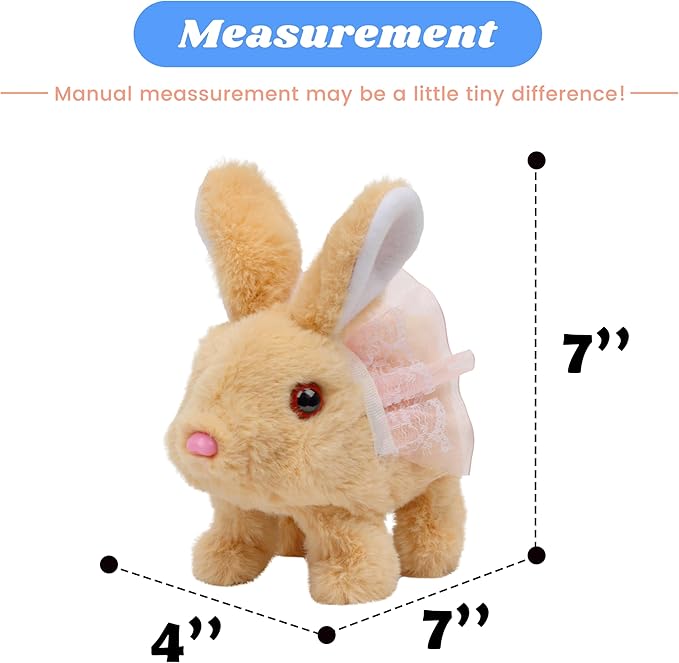 Hopearl Hopping Rabbit with Dress Interactive Electronic Pet Plush Bunny Toy with Sounds and Movements Animated Walking Wiggle Ears Twitch Nose Gifts for Toddlers Birthday, Brown 7''