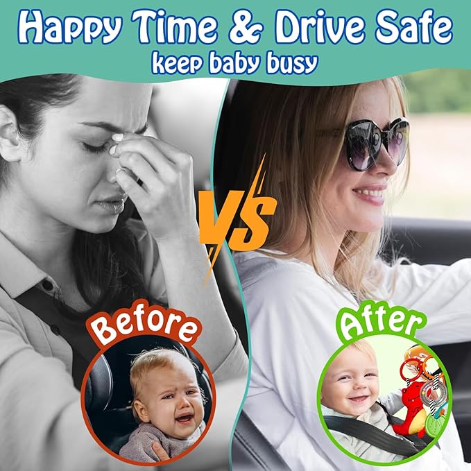 Baby Car Seat Dinosaurs Toys - Kick and Play Double Sided Infant Car Seat Toys with Plush Toys, Mirror, Teether for Baby, Baby Travel Activities, Christmas Birthday Gifts Newborn Infant Toys