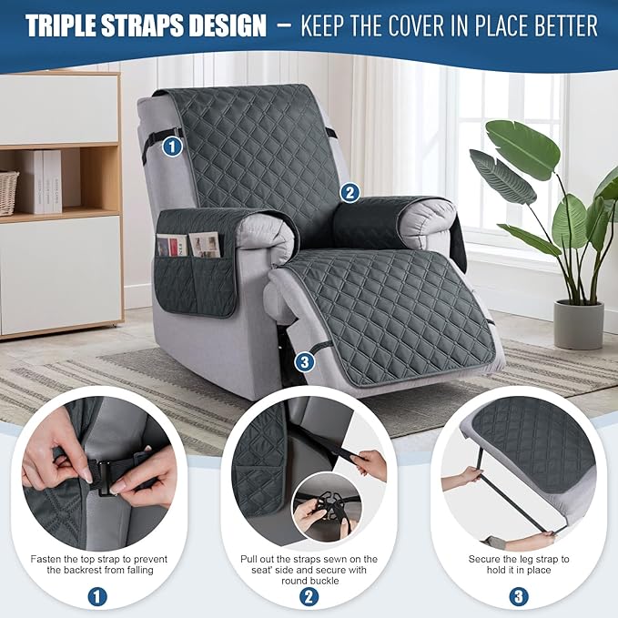 TAOCOCO 100% Waterproof Recliner Covers, Recliner Sofa Covers with Leg Straps, Reversible Recliner Couch Cover for Reclining Chair, Washable Couch Protector for Pets Kids(1 Seater 22", Dark Gray)