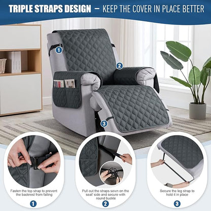 TAOCOCO 100% Waterproof Recliner Covers, Recliner Sofa Covers with Leg Straps, Reversible Recliner Couch Cover for Reclining Chair, Washable Couch Protector for Pets Kids(1 Seater 22", Dark Gray)