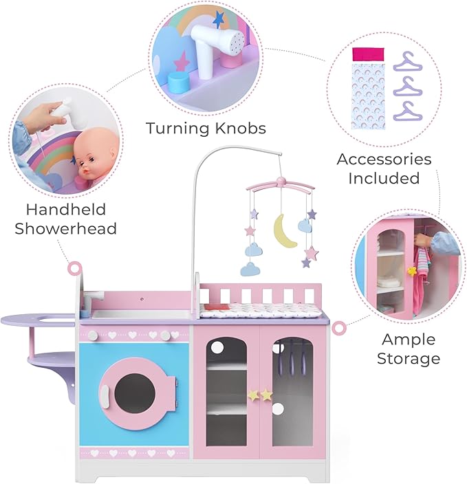 Teamson Kids - Olivia's Classic 6 in 1 Baby Doll Changing Station with Storage, Pretend Play Dolls Furniture