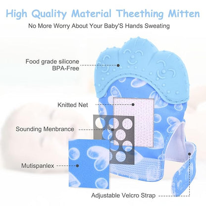 2Pack Silicone Teething Mitt, Soothing Infant Teething Mitten Pain Relief 0-12 Months