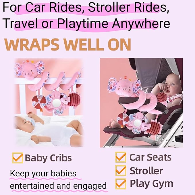 Infant Toys 0-6 Months Spiral Car Seat Toy - Baby Stroller Hanging Rattles Crib Toy Stuffed Animals for Babies 0-3-4-5-6-12 Month, Newborn Girl Boy Shower Gifts, Mirror Crinkle, Elephant 3PCS