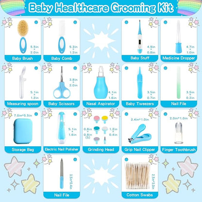 Baby Grooming Kit，Electric Safety Nail Trimmer Baby Nursery Kit，Infant Safety Care Set with Hair Brush Comb Nail Clipper Nasal Aspirator,Baby Essentials Kit for Newborn Girls Boys (21 PC-Blue Kit)