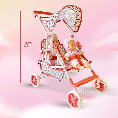 Double Doll Stroller for Baby Dolls Twin Dolls | Toy Doll Stroller for Toddlers, 4 Year Old 5 Year 8 Year 25” Tandem