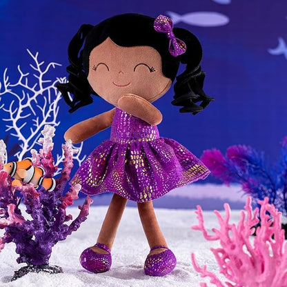 Gloveleya Soft Dolls Plush Figure Brown Skin Glitter Purple Dress 12inches