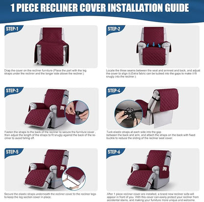 TAOCOCO 100% Waterproof Recliner Covers, Recliner Sofa Covers with Leg Straps, Reversible Recliner Couch Cover for Reclining Chair, Washable Couch Protector for Pets Kids(1 Seater 28", Wine)