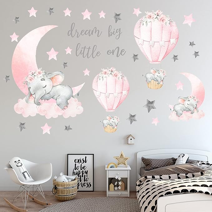 Dream Big Little One Elephant Wall Stickers, Pink Moon Hot