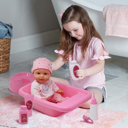 Baby Doll Bath Set with Bathtub & Playtime Accessories – Bath Time Playset for Kids, Girls 12” Doll, 8pc Pink 3+…