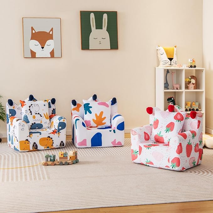 Costzon Kids Couch, Foam Filled Children's Sofa Armchair w/Padded Pillow, Washable Velvet Cover & Soft Sponge Filling, Upholstered Sofa Chair Gift for Preschool, Playroom, Toddler Couch (Strawberry)