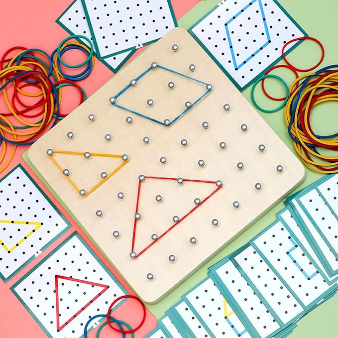 Wooden Mathematical Manipulative Material Array Block Geo Board Educational Toy with 30 Pattern Cards and 40 Rubber Bands to Create Figures Brain Teaser STEM Toy for 3 4 5 Year Old Kids and Toddlers