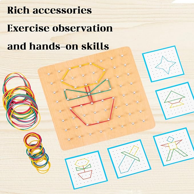 Wooden Mathematical Manipulative Material Array Block Geo Board Educational Toy with 30 Pattern Cards and 40 Rubber Bands to Create Figures Brain Teaser STEM Toy for 3 4 5 Year Old Kids and Toddlers