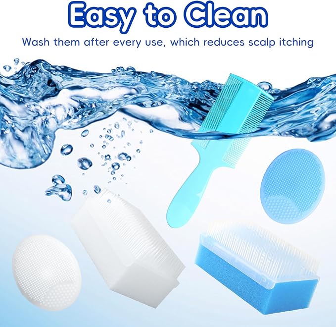 Cradle Cap Brush for Babies, Set of 5 Baby Bath Essentials with Bath Sponge Silicone Scrubber Long Handle Comb for Newborns Toddlers Boys Girls (Blue)