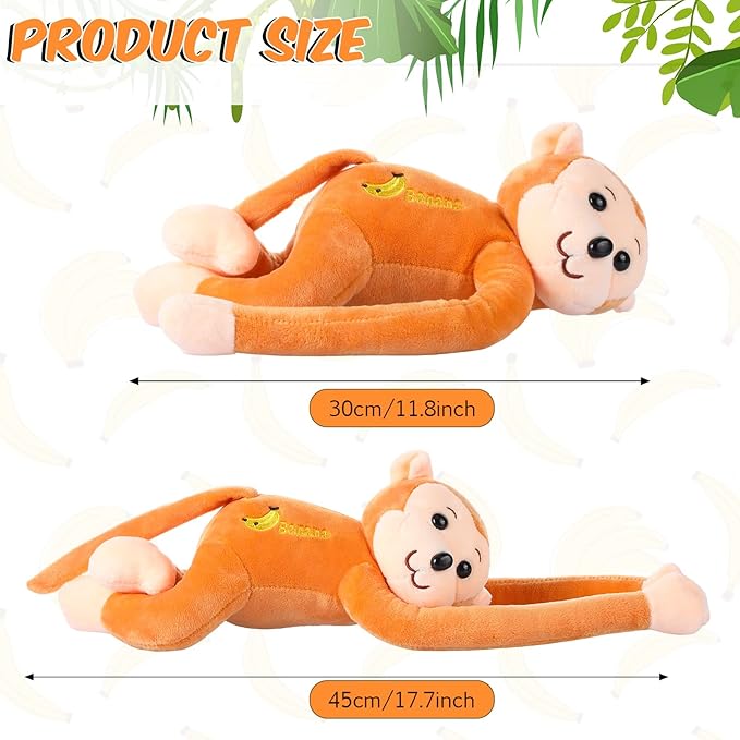 4-Pack 17.8" Hanging Stuffed Monkeys with Hook & Loop Fasteners - Plush Toy Gifts for Teens & Adults, Plush Stuffed Animal Toys Soft Monkey Doll Decoration (Brown