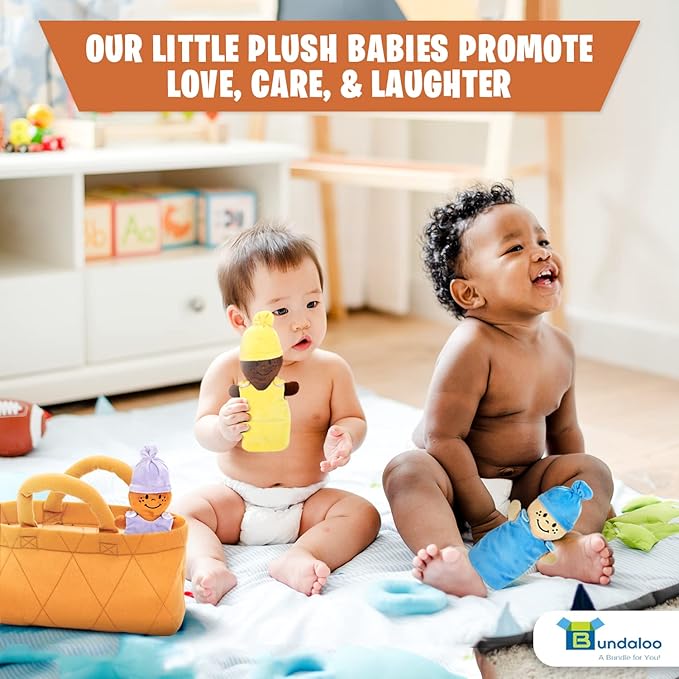 Bundaloo Basket of Babies with Realistic Giggling Sounds - Plush Baby Doll Set with Carrier 3 Multicultural