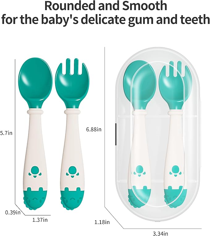 Deejoy Toddler Utensils, Self-feeding Flatware Set withTravel Case, Baby Spoons and Forks with Silicone Bendable Handle, Easy Grip Heat-Resistant, Ideal for Kids, Stage 2 (Green)