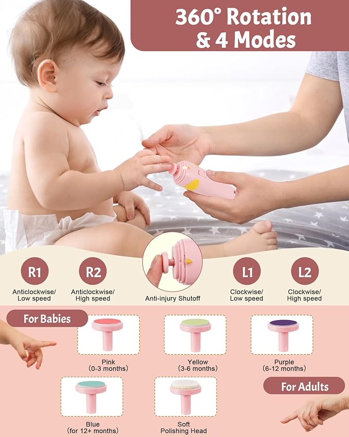 Lictin 2 in 1 Baby Nail Trimmer Electric, Safe Baby Nail File Kit Rechargeable, Baby Nail Clippers with Auto Light for Newborn, Infant, Toddler, Kids, 10 Replacement Grinding Heads, Trim and Polish