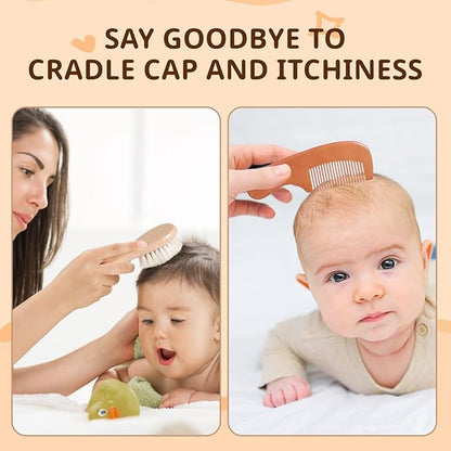 Baby Hair Bush and Comb Set - Wooden Baby Hair Brush Set with Soft Goat Bristle and Baby Comb for Newborns & Toddlers, Ideal for Promotes Healthy Hair Growth, Cradle Cap