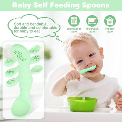 Silicone Baby Spoons Self Feeding 6+ Months 3PCS Toddler Forks and Spoons Utensils Baby Led Weaning Teething Spoon Infant Spoons First Stage Newborn Baby Essentials Baby Gifts(Green)