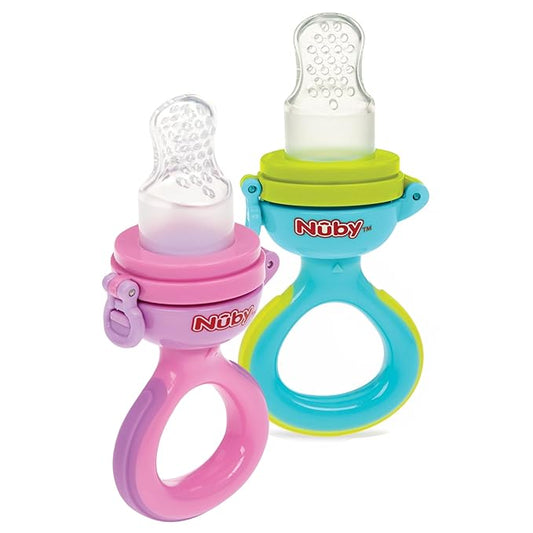 Nuby Baby’s First Food Feeder - Soft Silicone Feeding Pouch with Hygienic Cover | for First Soft Foods and Teething | 2 Pack: Pink & Aqua | Twist n' Feed | Promotes Self Feeding |10+ Months