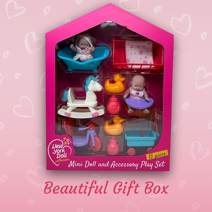 Mini Baby Doll Set, Small Baby Doll Playset with Mini Doll Accessories & 5 inch Doll Furniture 15pc Tiny