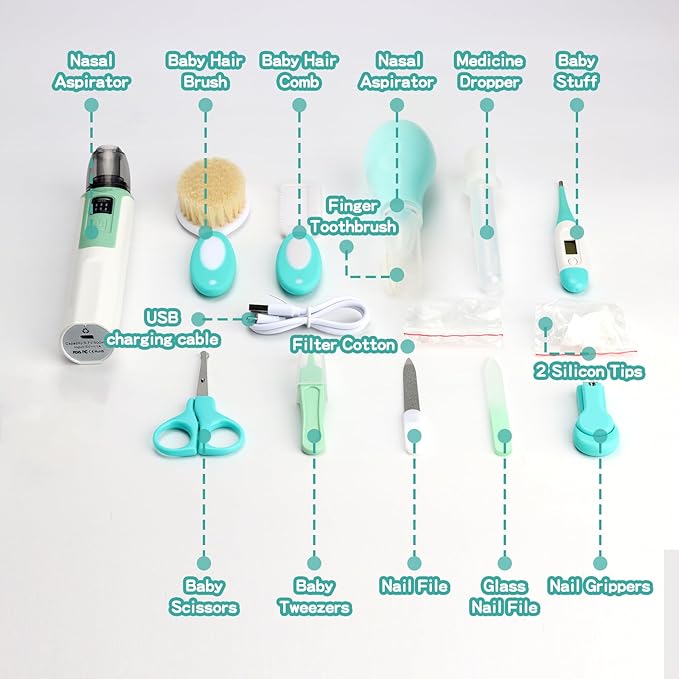 Baby Grooming Kit, Infant Safety Care Set with Baby Nose Aspirator，Baby Hair Brush Comb Nail Clipper Nasal Aspirator,Baby Essentials Kit for Newborn Girls Boys (17 Pc Green Kit)