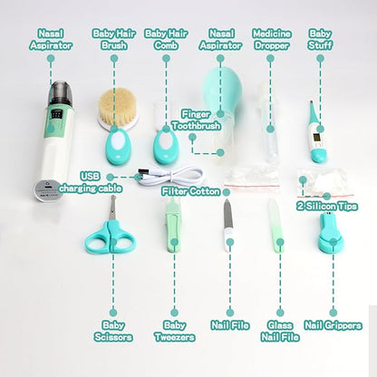 Baby Grooming Kit, Infant Safety Care Set with Baby Nose Aspirator，Baby Hair Brush Comb Nail Clipper Nasal Aspirator,Baby Essentials Kit for Newborn Girls Boys (17 Pc Green Kit)