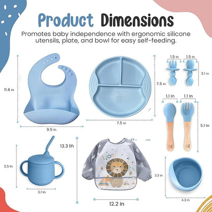 Silicone Baby Feeding Set, Eating Utensils with Suction Plate and Bowl, Baby Led Weaning Supplies, Toddler Self Feeding Dish Set with Waterproof Full Sleeve Bib, Spoon, 10pcs (Blue)