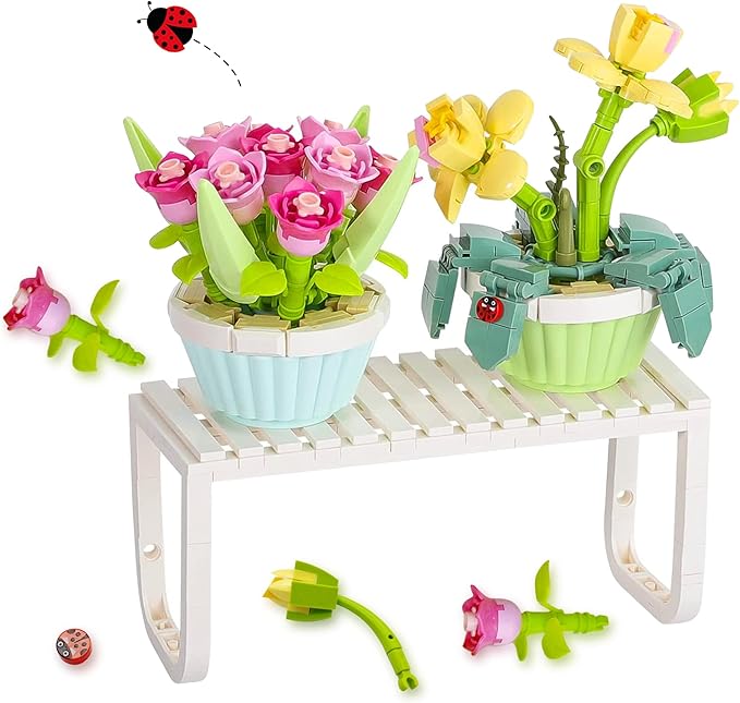 QIUXQIU Mini Flowers Bouquet Building Blocks Plant Bonsai Floral Building 12+ Kids