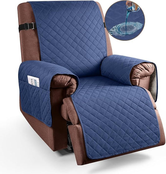 KinCam 100% Waterproof Recliner Chair Cover, Reclining Couch Covers for Pets, Dogs, Recliner Couch Slipcover Furniture Protector with Elastic Straps for Kids(30", Blue)