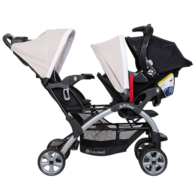 Baby Trend Infant and Toddler Double Stroller & 2 Car Seat Combo, 3 Pc Set, Khaki - Portable and Lightweight Stroller Duo and Car Seat Travel System Tandem