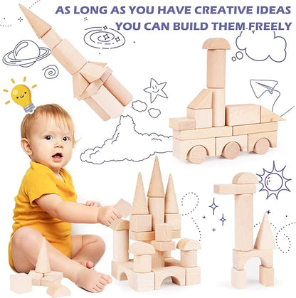 100Pcs Wooden Building Blocks Set- Wood Stacker Stacking Blocks Game Toys for Toddlers, Multiple Shapes