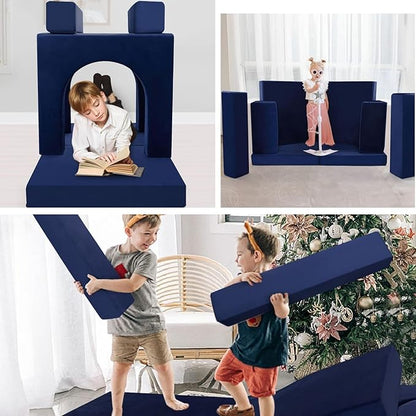 MeMoreCool Modular Kids Play Couch, 10 Piece Foam Lounge Sofa for Playroom, Large Toddler Bed and Block Couch for Boys, Navy
