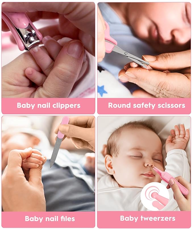 Baby Healthcare and Grooming Kit, Safety Newborn Nursery Baby Care Kit, with Hair Brush Comb, Nail Clipper, Thermometer, Pacifier Clip, Baby Registry Search, Newborn Essentials Girls Boys (Pink)