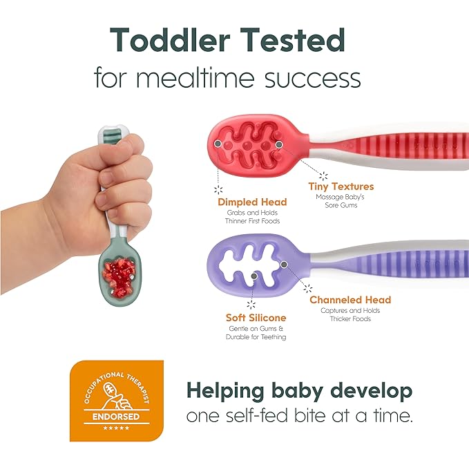 NumNum Baby Spoons Set, Pre-Spoon GOOtensils for Kids Aged 6+ Months - First Stage, Baby Led Weaning (BLW) Spoon - Self Feeding, Silicone Toddler Food Utensils - 2 Spoons, Gray/Green