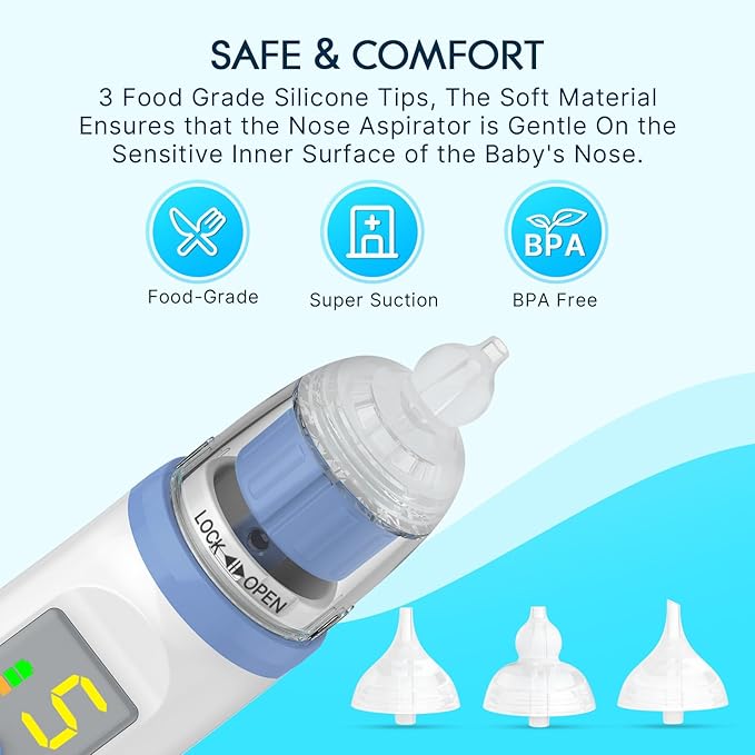 Electric Nasal Aspirator for Baby, Nose Aspirator for Toddlers 3 Silicone 5 Suction