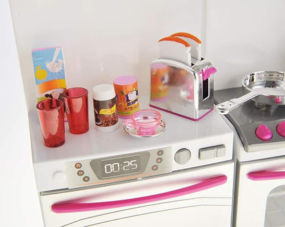 Doll Kitchen Playset, Mini Modern Kitchen Toys Pretend Play Furnitures Toy Sets Accessories Set with Realistic Light & Sound for Kids Toddlers Girls (3-in-1)