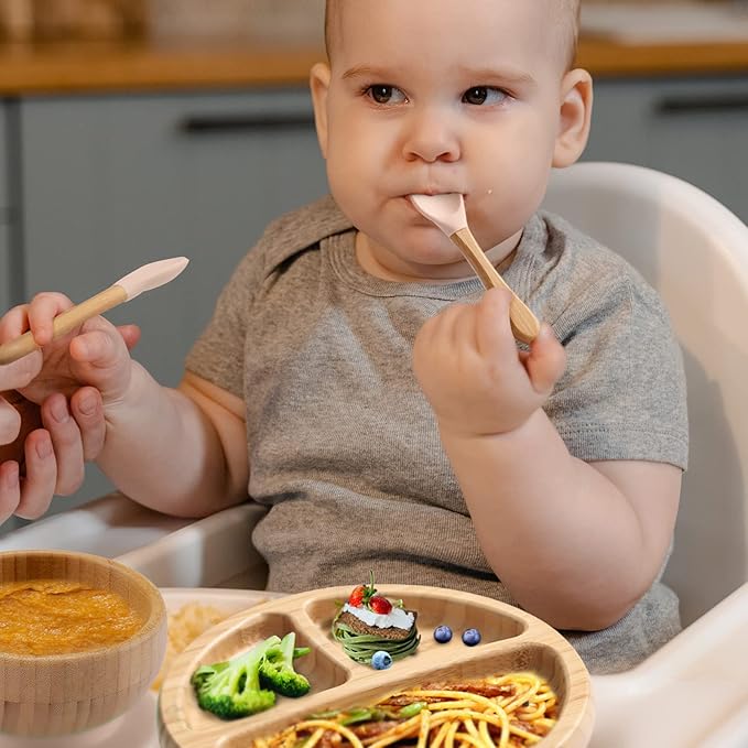 Baby Divided Bamboo Plates, Bowls with Suction and Matching Spoon Set, 3 Piece Feeding Supplies Set for Infant, Toddlers, Detachable Silicone Suction Stay Put Base for Wooden Bowl, Plate
