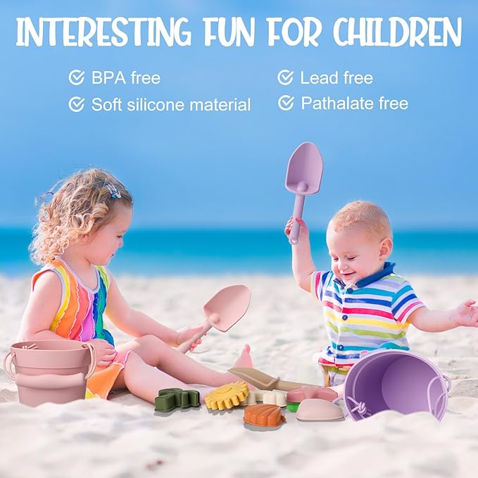 Hungdao 14 Pcs Silicone Beach Toys Travel Beach Set Sand Toys Include 2 Silicone Bucket Pail, 2 Shovel 9 Sand 1 Beach